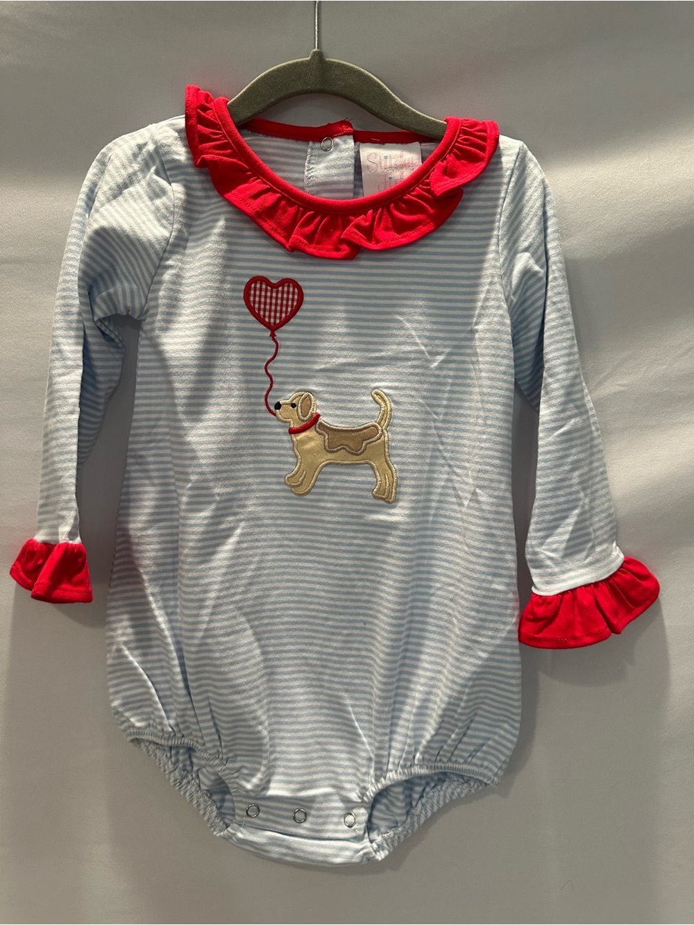 Striped Puppy Appliqué One-Piece for Kids - Red Trim